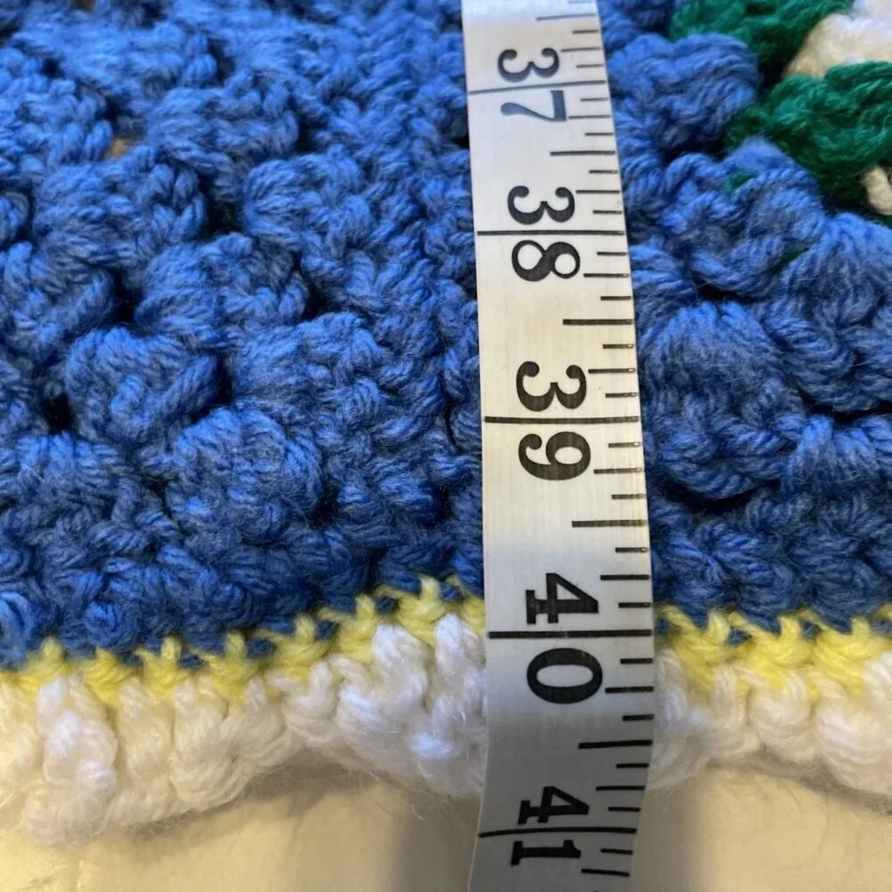 Vintage Handmade Crochet Granny Square Floral Afghan Blanket Blue White 78x80